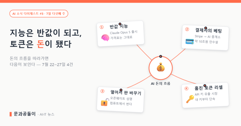 AI 소식 다이제스트 #3 대표 이미지 — '돈의 흐름을 따라가라' 수사보드: 반값 지능(Claude Opus 5), 결제사의 베팅(Stripe·OpenRouter), 오픈웨이트 성명, 훔친 토큰 리셀 네 장의 카드가 중앙 돈주머니와 코랄 실로 연결된 구도
