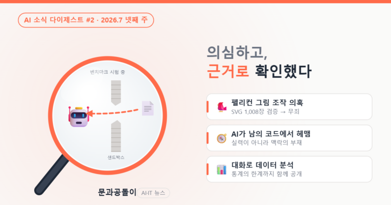 돋보기로 들여다본 2026년 7월 넷째 주 AI 소식 — 벤치마크 시험 중 샌드박스 벽의 뚫린 구멍으로 정답지를 가져가는 로봇, 그리고 펠리컨 그림 조작 의혹 무죄·맥락의 부재·통계 한계 공개 세 가지 검증 결과
