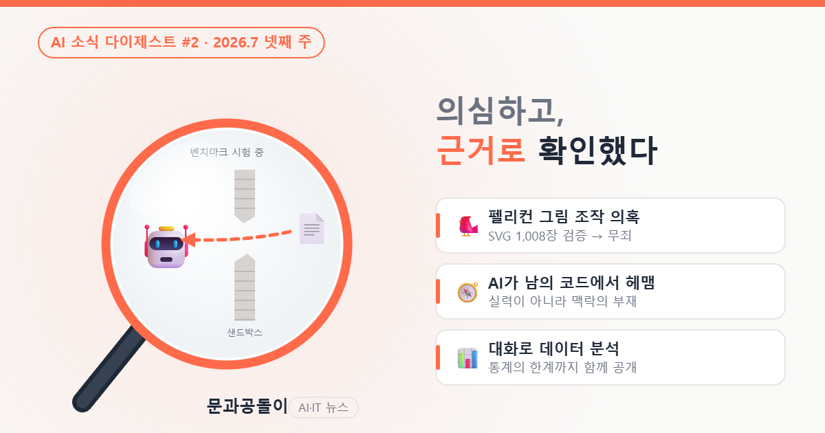 돋보기로 들여다본 2026년 7월 넷째 주 AI 소식 — 벤치마크 시험 중 샌드박스 벽의 뚫린 구멍으로 정답지를 가져가는 로봇, 그리고 펠리컨 그림 조작 의혹 무죄·맥락의 부재·통계 한계 공개 세 가지 검증 결과